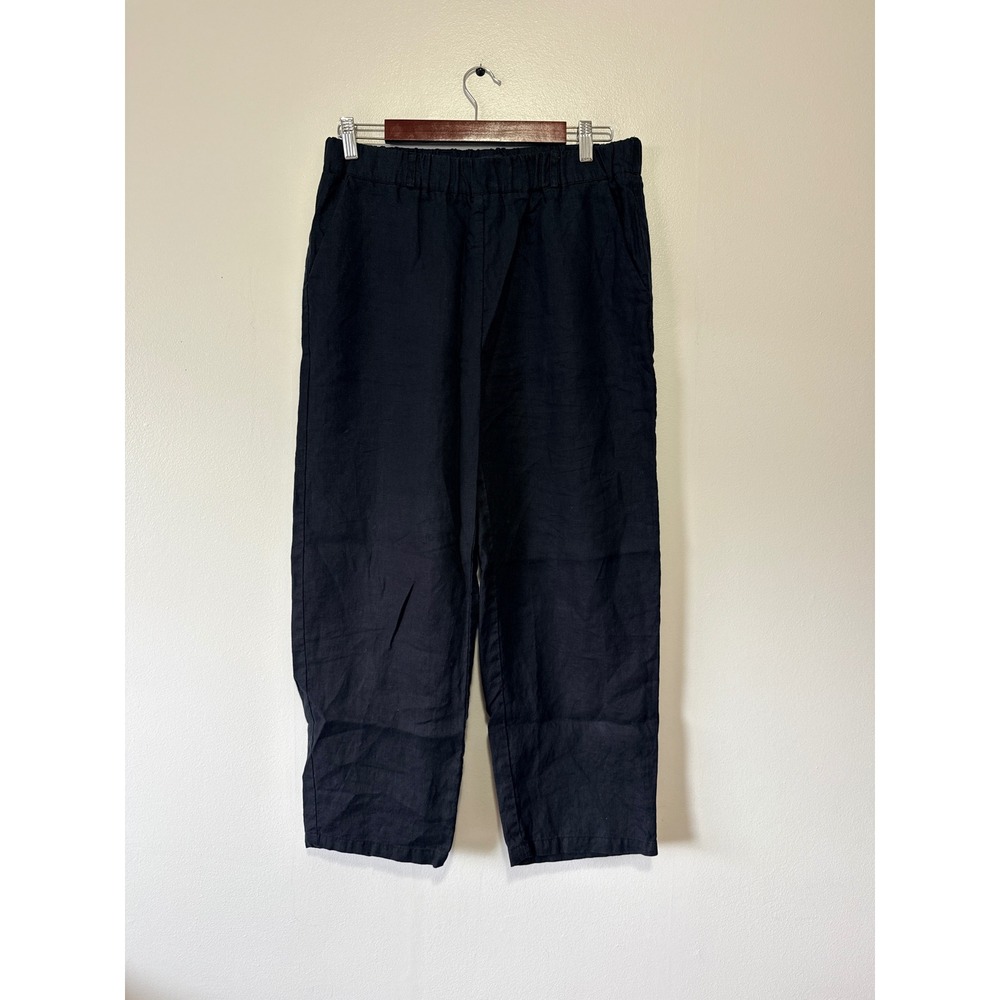 Quince European Linen Straight Leg Pants Navy Blue Elastic Waist Women Size M